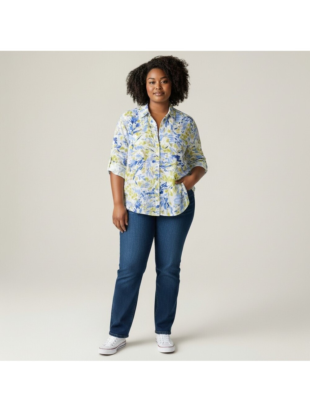 Karen Scott Shirt Women 1X Plus White Floral Button Up Collared 3/4 Sleeve